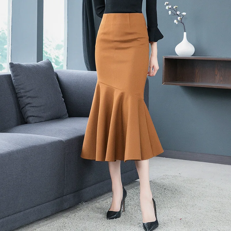2018 зима миди Длинные Русалка шерстяная юбка посылка женщин бедра элегантный