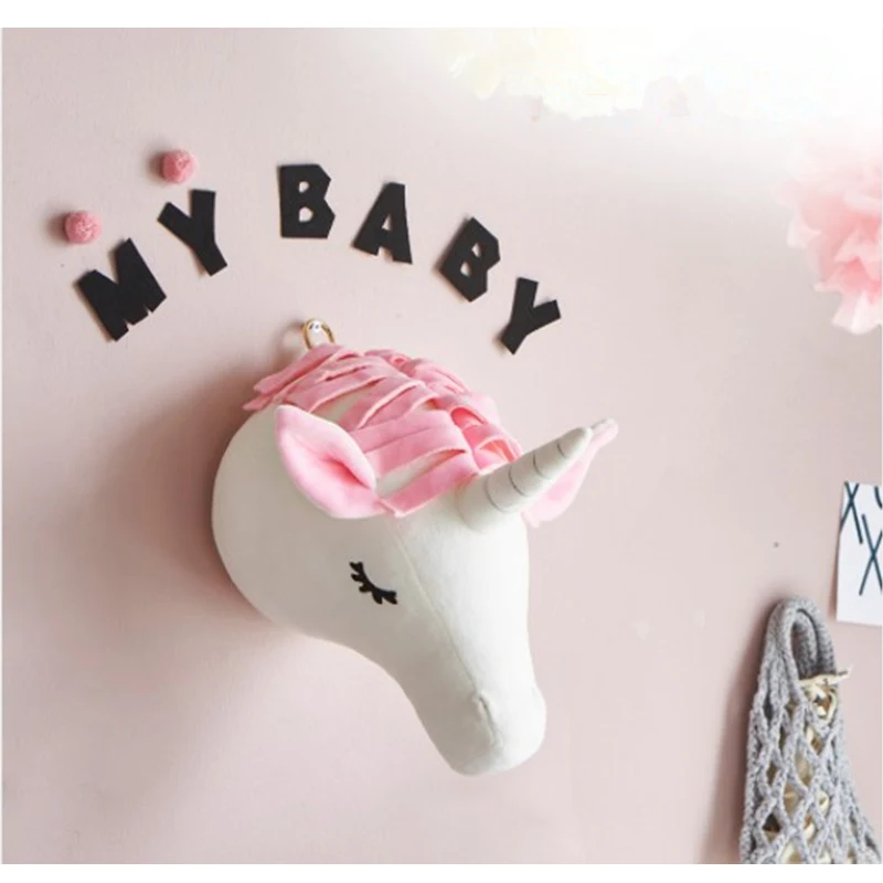 Unicorn Голова Животного Плюшевая Кукла Детская кроватка слон плюшевая игрушка Новорожденные взрослые дети подушка кукла постельные принадлежности украшение стены куклы - Цвет: Unicorn