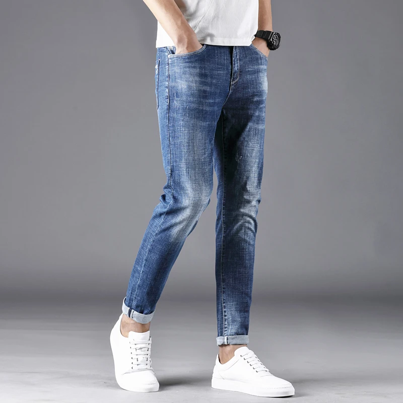 causal style straight fit stretch slub denim blue jeans pants trousers for men adults youth boys spring autum season |
