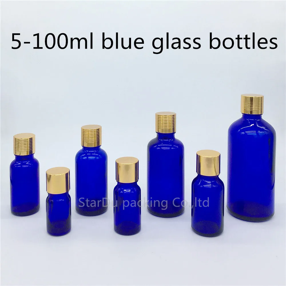 Botella de cristal azul con tapa de rosca dorada para Perfume, 5ml, 10ml, 15ml, 20ml, 30ML, 50ml, 100ml, 480 Uds.