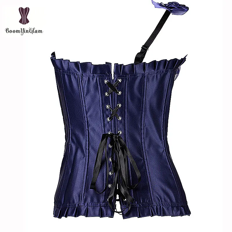 

Blue Lace Corset Elegant Single Shoulder Strap Satin Corsets Overbust Rose Appliques Korset For Cocktail Party Cluewear Lingerie