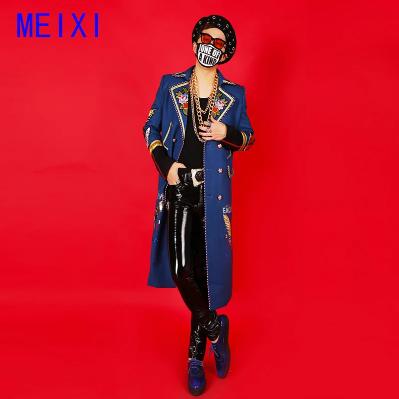 Костюм Kris wu Королевского синего цвета украшенный вышивкой длинный мужской Тренч