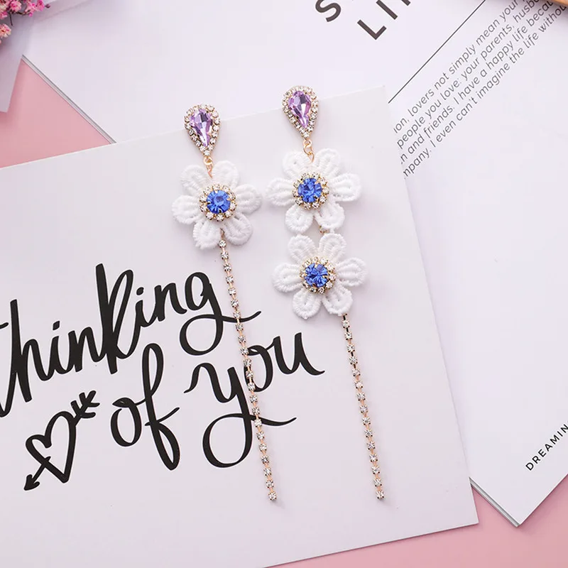 Silver Needle 2018 Korean Girl Simple Lace Flowers Cute Earrings Rhinestone Zircon Tassel for Women Fashion Accessories | Украшения и
