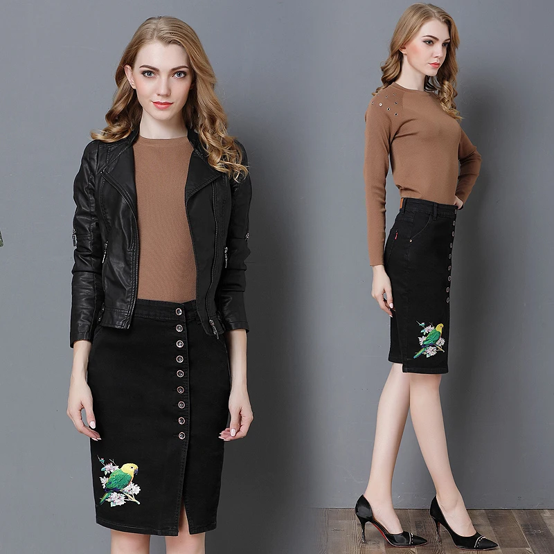 DTYNZ Big size women's clothes high waist embroidery one row buckle elastic denim cotton pencil skirt.Sexy fashion skirt. | Женская