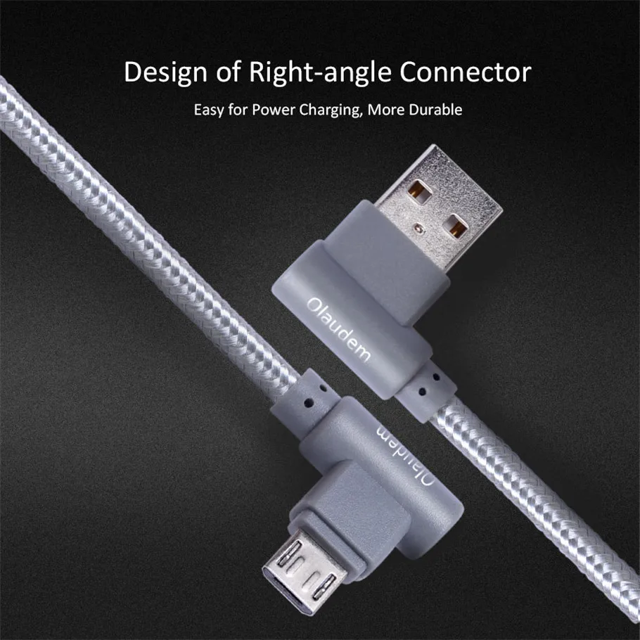 Olaudem Micro USB кабель 90 градусов 2 м нейлоновый Плетеный 2A 5 В шнур для зарядки Дата