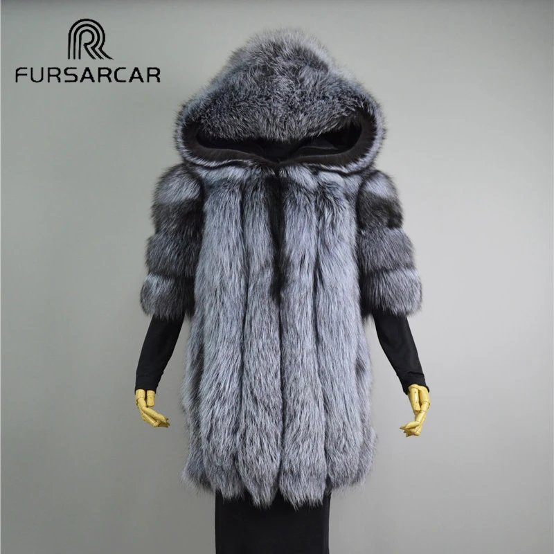 Женское меховое пальто с капюшоном FURSARCAR длинное теплое из натурального Лисьего