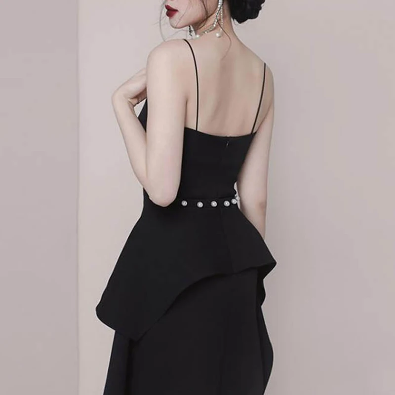 Elegant Black Cami Dress Knee Length Mid Slim Fit Spaghetti Strap 2019 Summer Women Slash Neck Beading Irregular Dresses | Женская
