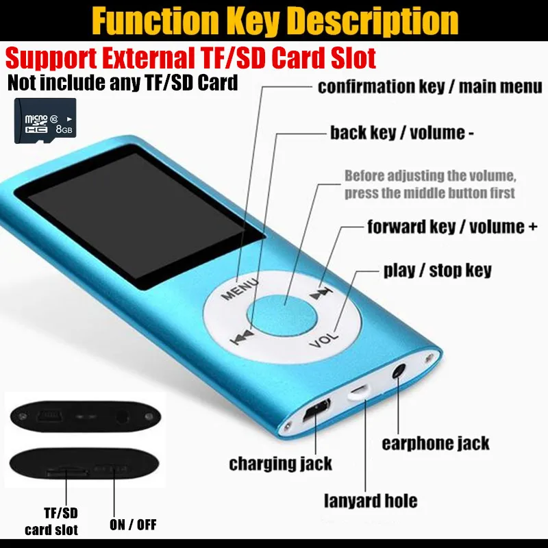 1," TFT lcd Mp3 музыкальный плеер fm-рекордер с внешней вставкой TF/SD слот HIFI Sport Walkman Aux muziek цифровые плееры+ ридер