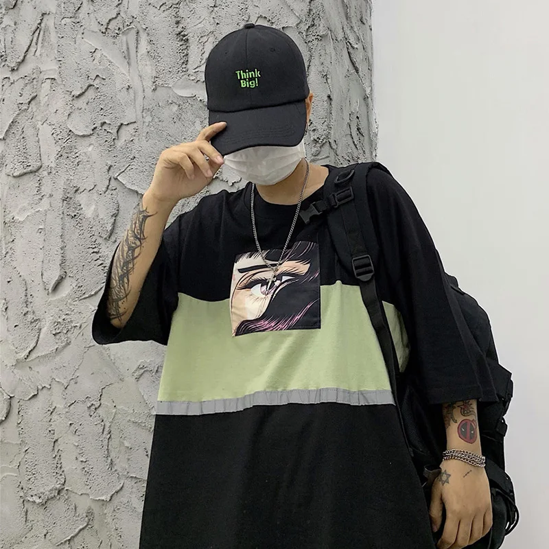 CheerSolo Harajuku негабаритная Футболка женская светоотражающий летний топ мультфильм аниме футболка Черная зеленая футболка Японская уличная одежда