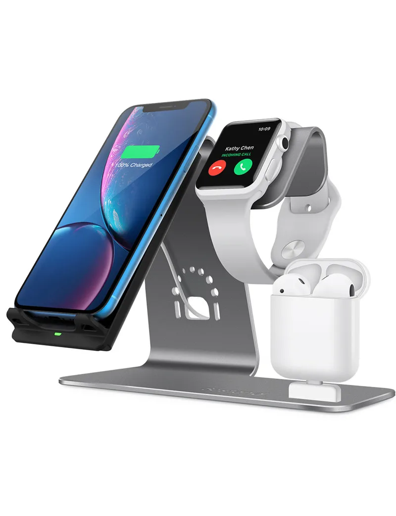 Для Apple Watch для iPhone для Airpods 3 в 1 Алюминиевый сплав Подставка для зарядки 10 Вт Быстрая Зарядка QI Настольный держатель для зарядки
