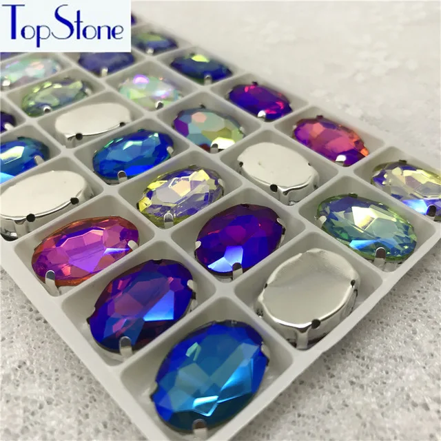 Стразы из стекла высокого качества с овальной формой и цветом когтей AB на металлической основе с пряжкой для одежды.