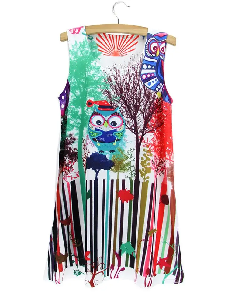 2014 Новое модное винтажное платье Весна Лето Женское без рукавов с принтом Совы