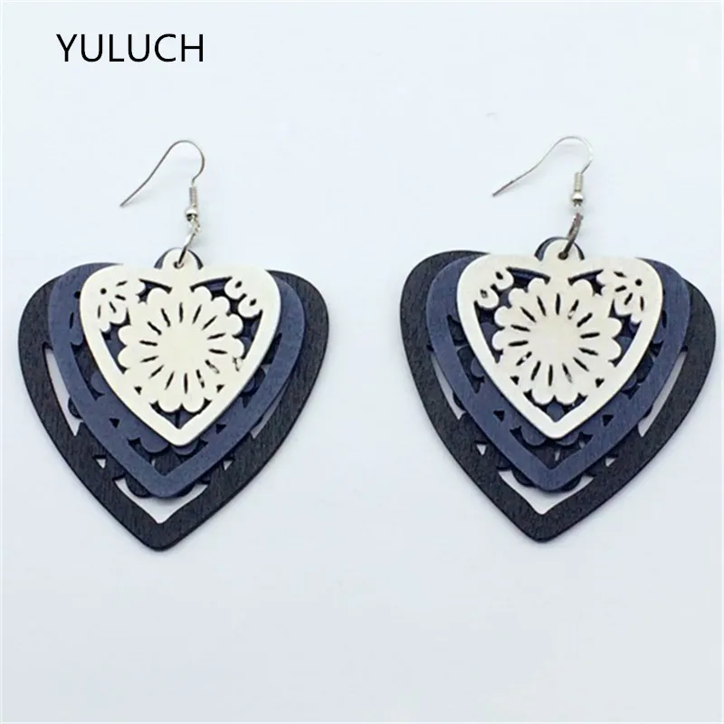 Новинка 2016 деревянные серьги подвески в форме сердца трехцветные длинные