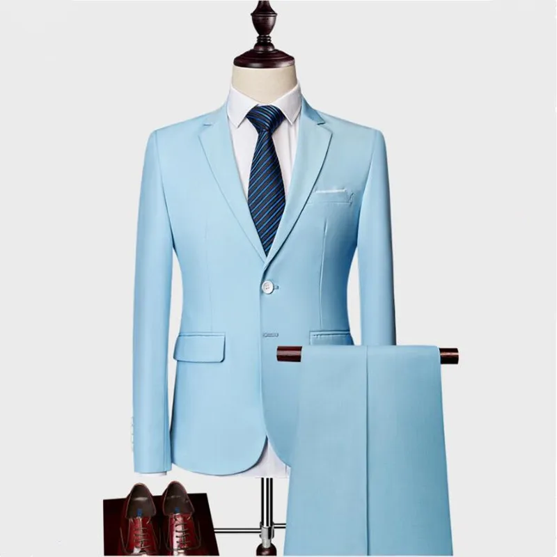 sky blue Пиджак+ брюки) классический мужской деловой костюм, приталенный Королевский синий свадебный костюм жениха, мужской костюм, черный нежный мужской костюм, M-5XL - Цвет: sky blue