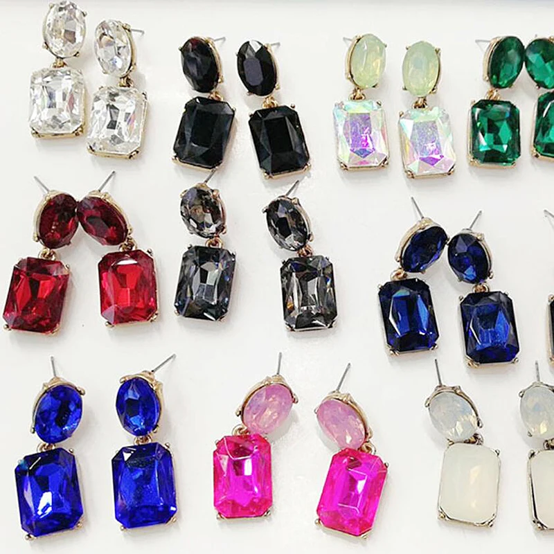 

Factory Wholesale Jewelry for Women Fashion Clear and Colorful Big Crystal Earrings Drops Short Square Pendant Geometric Earring