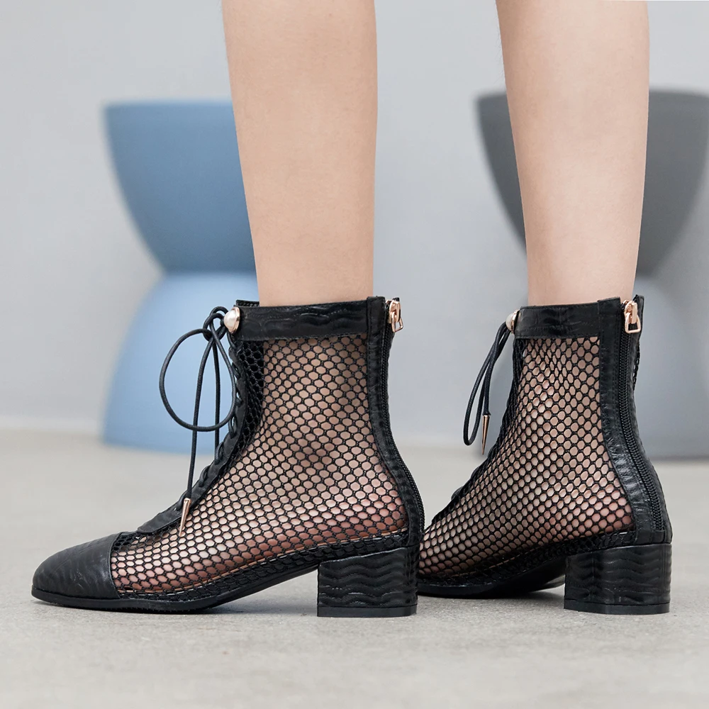 

FOREADA Women Shoes Summer Boots Natural Real Leather Cutout Square Heels Shoes Genuine Leather Zip Lace Up Shoes Big Size 3-12