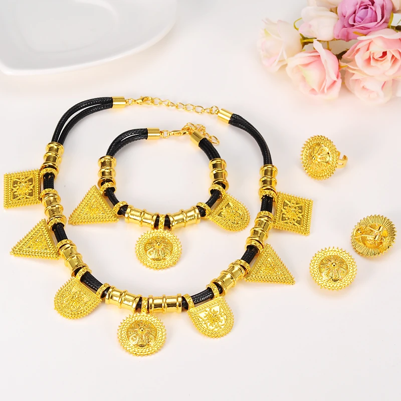 

high qualityGold ColorEthiopian Jewelry Sets Necklace Bracelet earrings ring Dubai Wedding Bride Habesha sets African Items gift