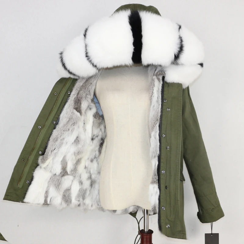 green white stripe OFTBUY, зимняя женская куртка, пальто с натуральным мехом, парка с воротником из натурального меха енота, Толстая теплая подкладка из кроличьего меха, уличная одежда, новинка - Цвет: green white stripe