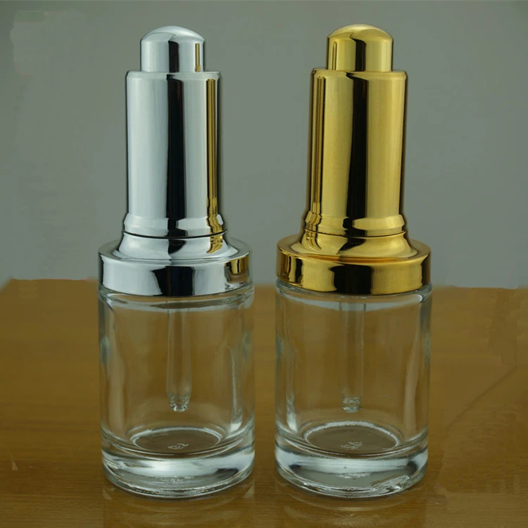 30 мл прозрачная стеклянная бутылка с серебряным/золотым прессом насос пипетка