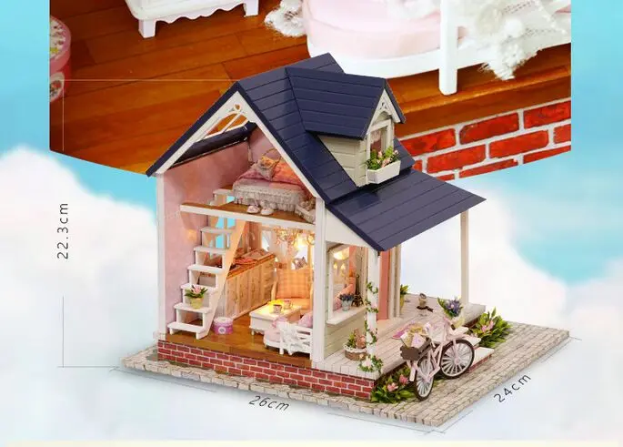 

New arrive Large Christmas GIFT DIY bicycle angel house Wooden House With Furniture with dustproof 3D Puzzle Toy Gifts