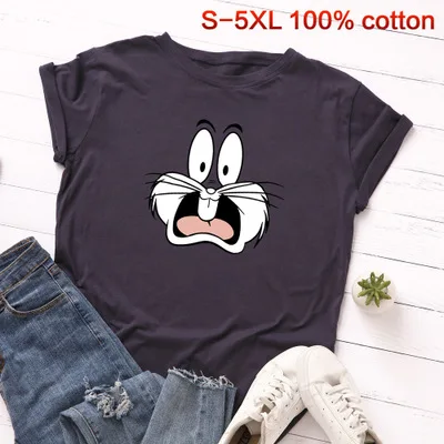SINGRAIN женская футболка с милым мультяшным кроликом Модные топы из хлопка Большие размеры Свободная Повседневная футболка с принтом животных - Цвет: navy blue