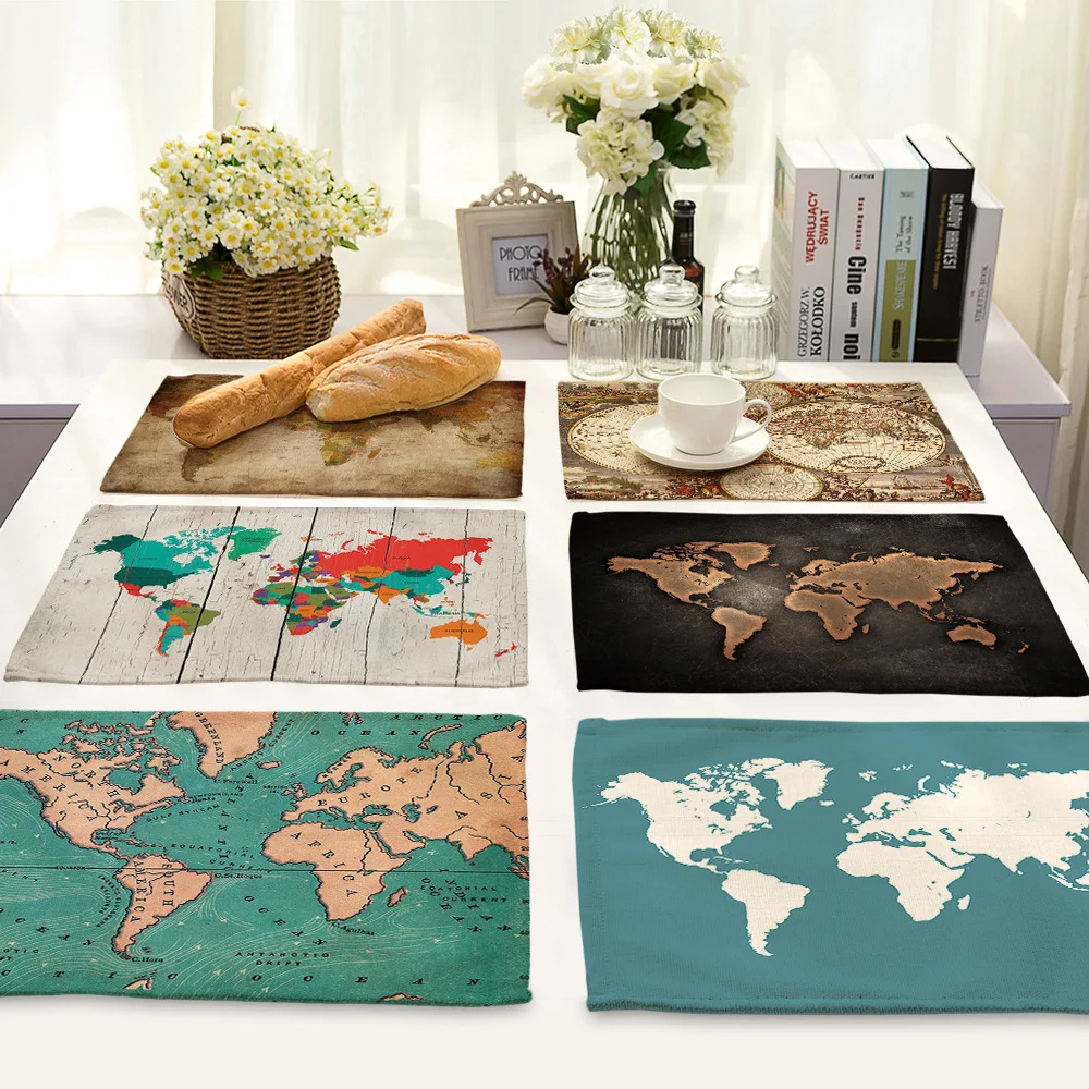

World map pattern dining table mat cotton linen placemat for dining table heat insulation Western food table mats for kitchen