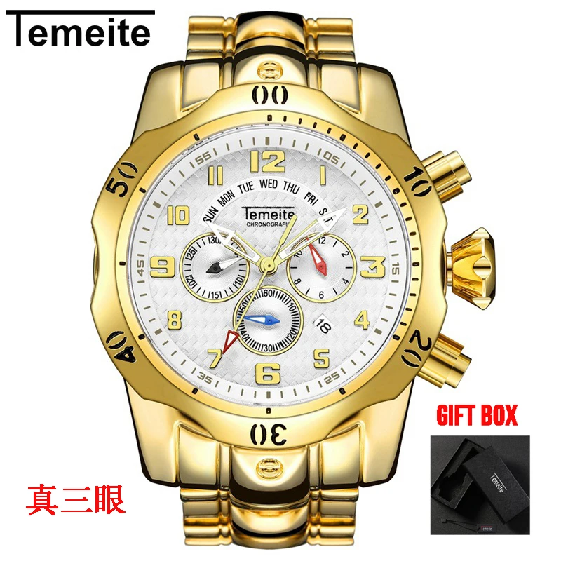Temeite 4 with box Мужские часы Temeite Топ бренд класса люкс дизайн золотые кварцевые часы мужские спортивные водонепроницаемые мужские наручные часы Relogio Dourado Masculino - Цвет: Temeite 4 with box
