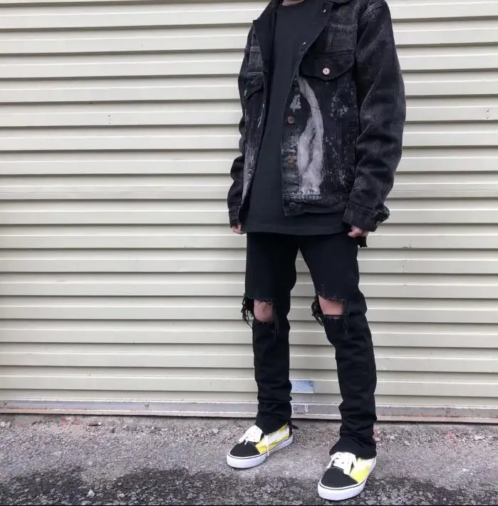 2019 Tide models Europe and America hole zipper jeans high street trend men's wild black Slim | Мужская одежда