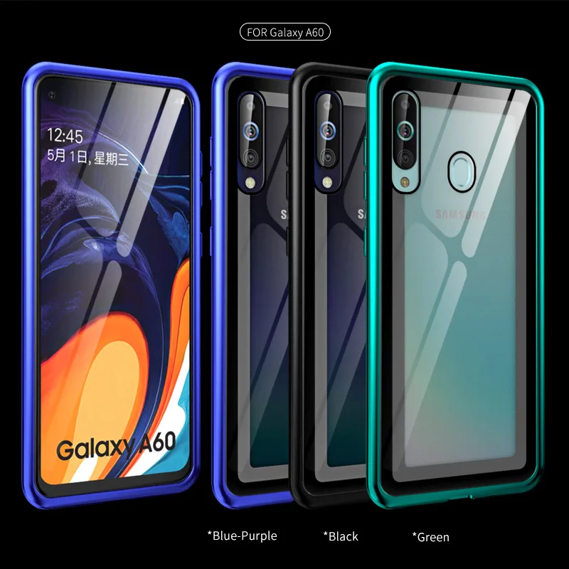 For Samsung Galaxy A60 Case Transparent Tempered Glass Metal Frame Back Cover Hard Cases Clear phone case |
