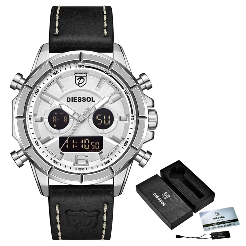 Silver White DIESSOL мужские s часы лучший бренд класса люкс кварцевые светодиодные цифровые спортивные часы мужские кожаные военные водонепроницаемые часы Relogio Masculino - Цвет: Silver White