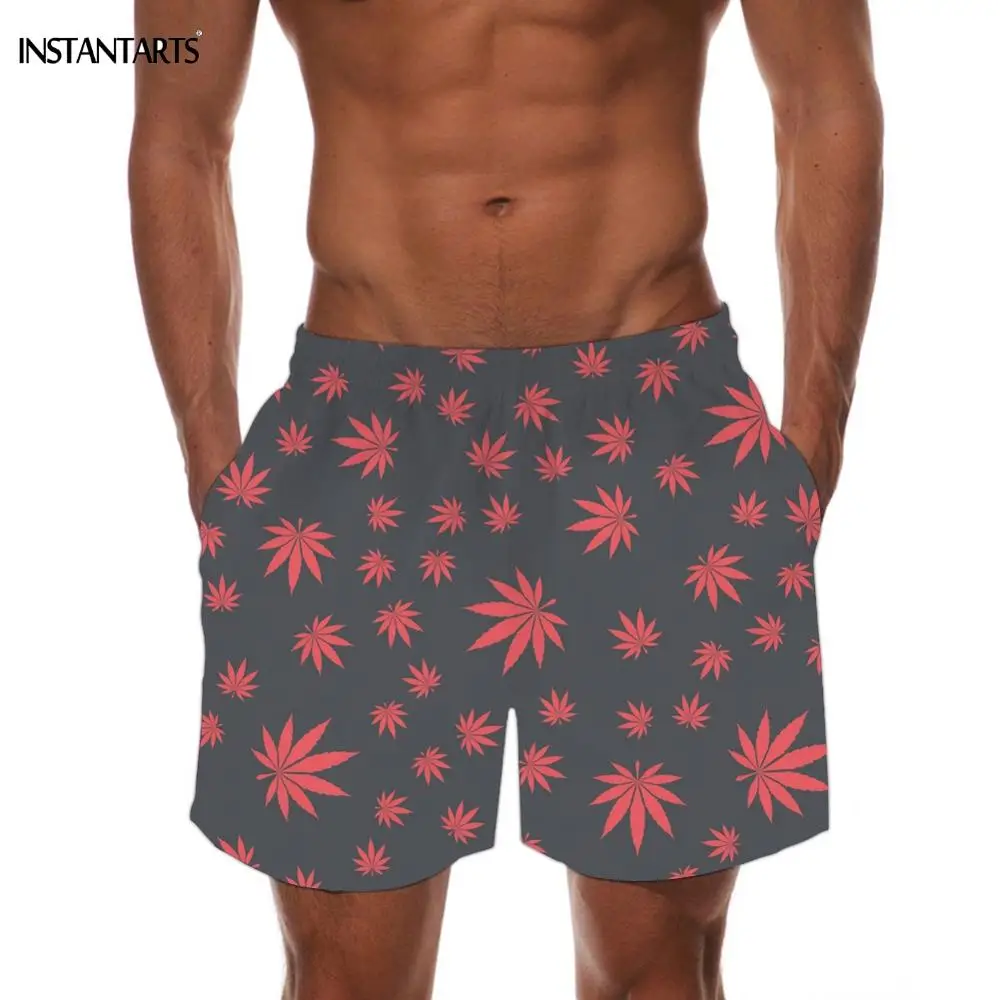 INSTANTARTS Tropical Hemp Weed Leaves/Maple Leaf Pattern Man's Swimming Trunks Beach Board Shorts Quick Dry Sports Swim Suits