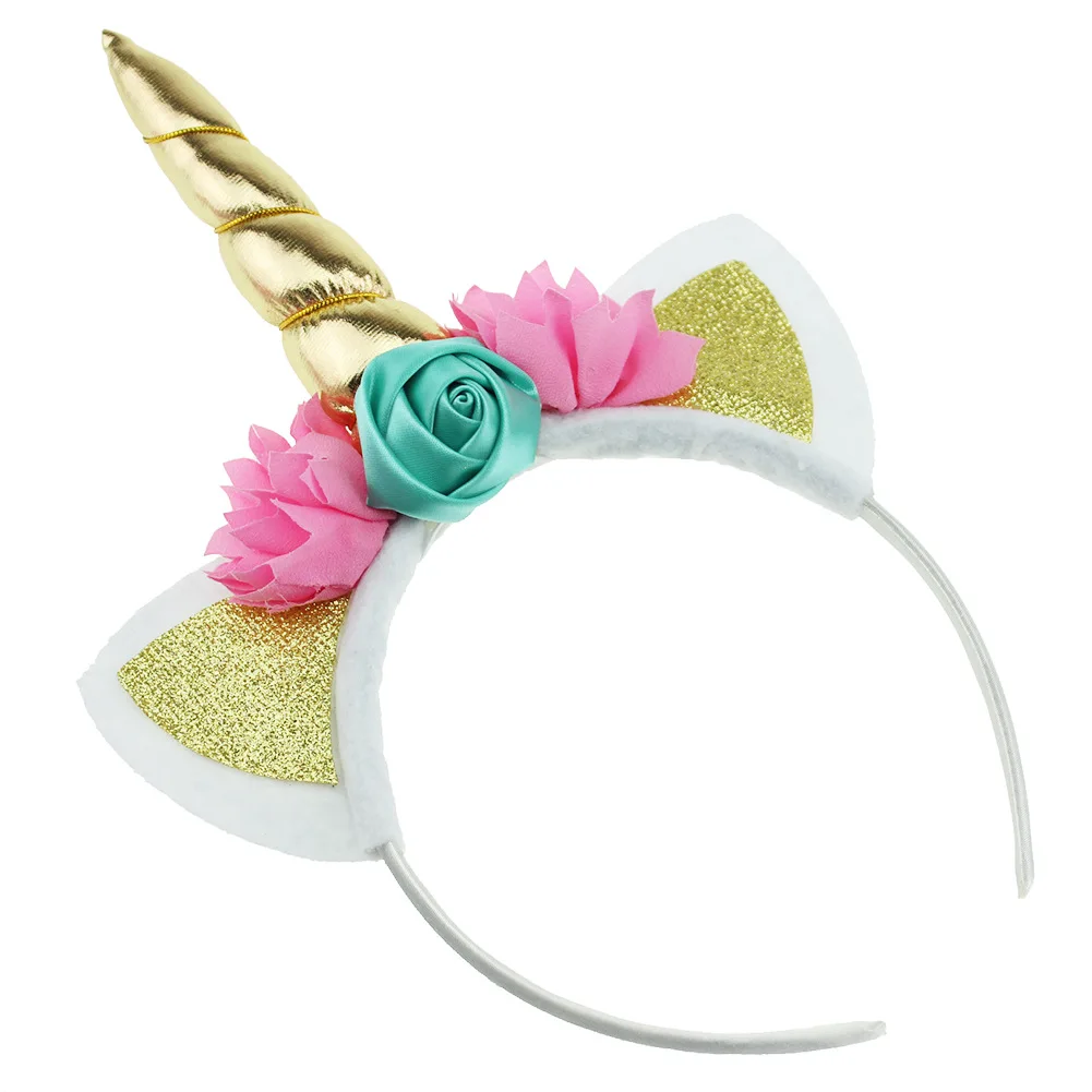 

10pcs/lot New Girls Unicorn Horn Hairband Chiffon Mesh Flowers Children Headwear Birthday Gifts Photo Props Hair Accessories