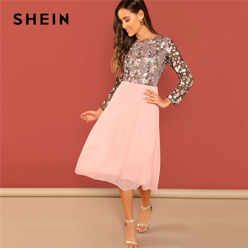 SHEIN выходное розовое цветочное вышитое контрастное Сетчатое платье с лифом и круглым вырезом с высокой талией женское ТРАПЕЦИЕВИДНОЕ Длинное Элегантное платье
