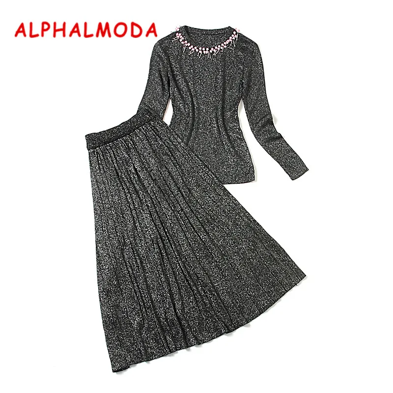 Женский свитер с бусинами ALPHALMODA зимний комплект юбкой и воротником из бисера