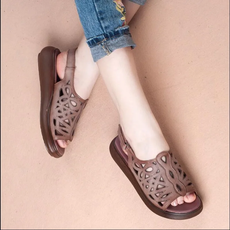 

Women's Sandals Summer Handmade Genuine Leather Ladies Sandals Women Flats Retro Style Mother Shoes Flat Sandals