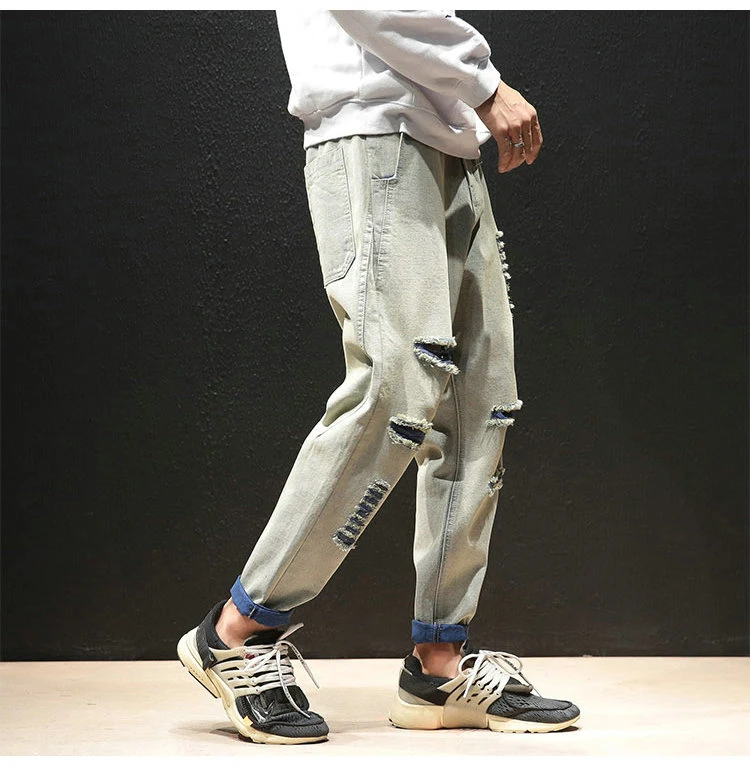 Весна Осень Новые потертые Мужские джинсы брюки Slim Fit дизайн Рваные дыры уличная джоггер джинсы для мужчин
