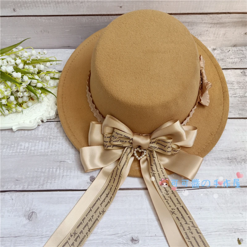 Camel hair Одежда Лолиты шляпа, Прекрасный имитация шерстяной берет Плоский Вдоль шляпы бантом украшения Англии - Цвет: Camel hair