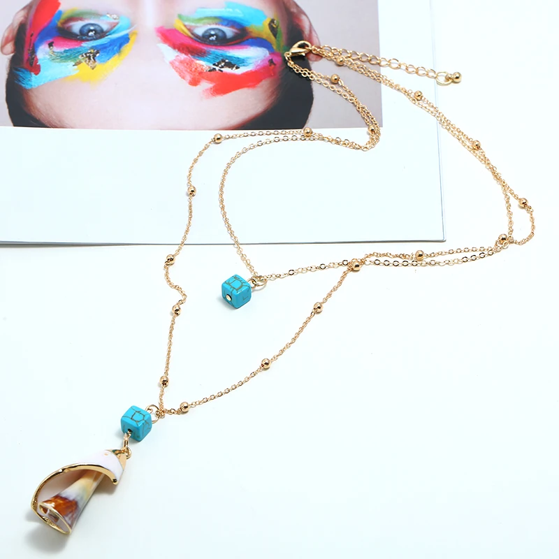 Новинка Boho раковины камень кулон ожерелье s для женщин Стильная 2 уровня длинное