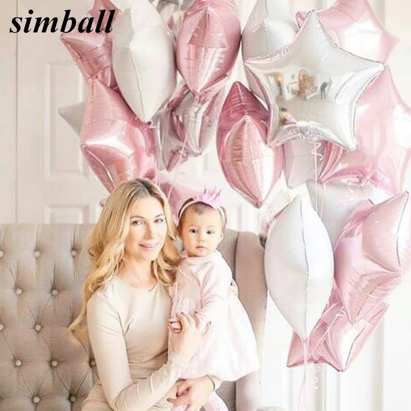 

10pcs Baby Shower Globos 18 inch Pink White Sliver Star Helium Foil Balloons Girls Birthday 1st Party Supplies Decor Pure Color