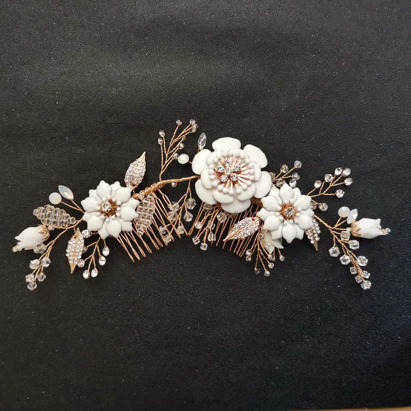 

SLBRIDAL Gold Clear Crystal Rhinestones Pearls Flower Wedding Hair Comb Bridal Headpieces Hair Accessories Women Female Jewelry