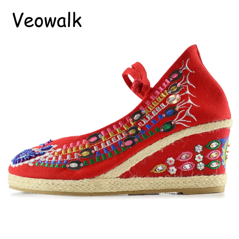 Женские парусиновые туфли Veowalk повседневные на танкетке с вышивкой павлина Туфли