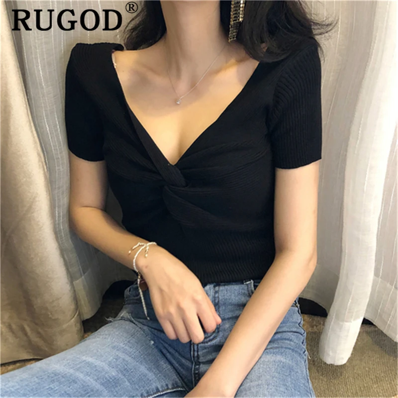 Женская трикотажная блузка RUGOD Корейская однотонная с коротким рукавом и v