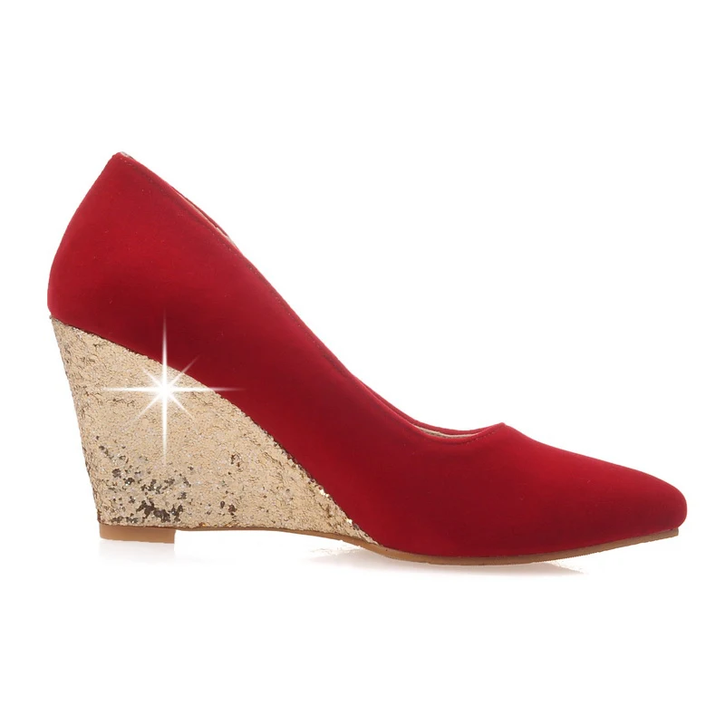 Female Flock Fashion Sequined Wedges Pumps Slip On High Heels Spring Autumn Pointed Toe Party Wedding Shpes Women 2019 Red Black | Обувь