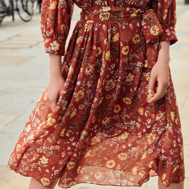 Vero Moda New Women's Low-cut Round Neckline Balloon 3/4 Sleeves Printed Chiffon Dress | 31837C515