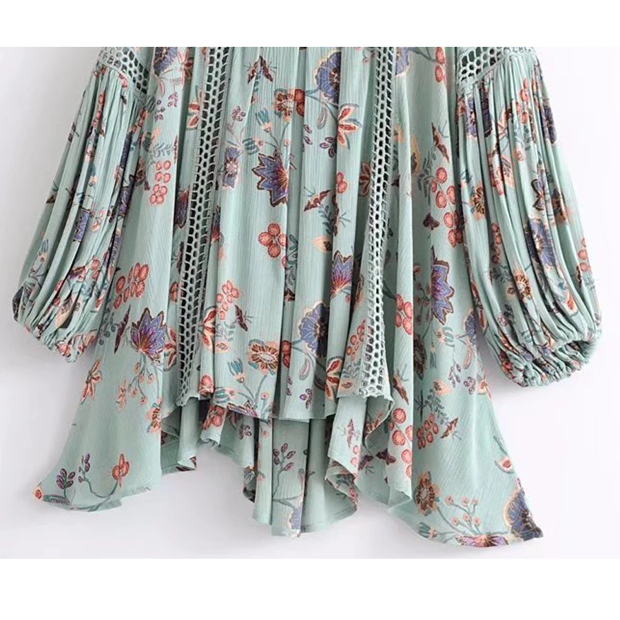 Мини-платье Boho 2018 Новый Урожай Цветочные печати Короткие платья v-образным