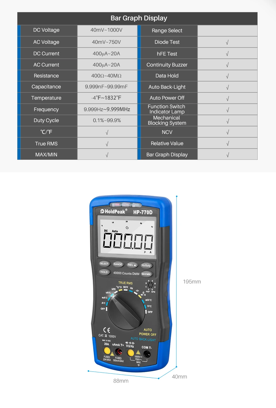 HoldPeak Цифровой мультиметр HP-770D Высокоточный Автоматический диапазон истинных RMS 40000 отсчетов NCV AC DC Напряжение Ток Ом тестер