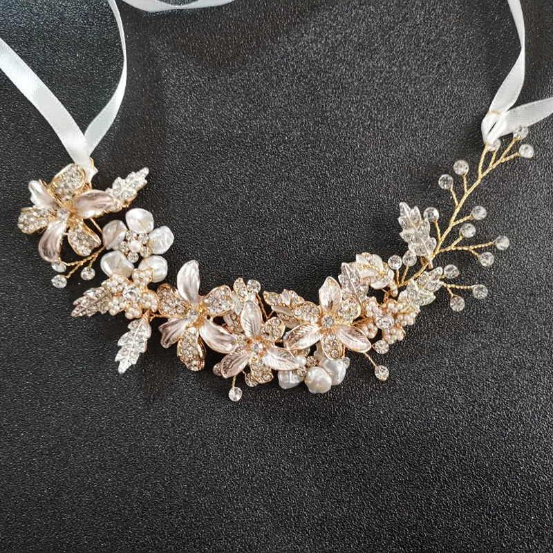 SLBRIDAL ручной работы золотые кристаллы стразы пресноводный жемчуг свадебные
