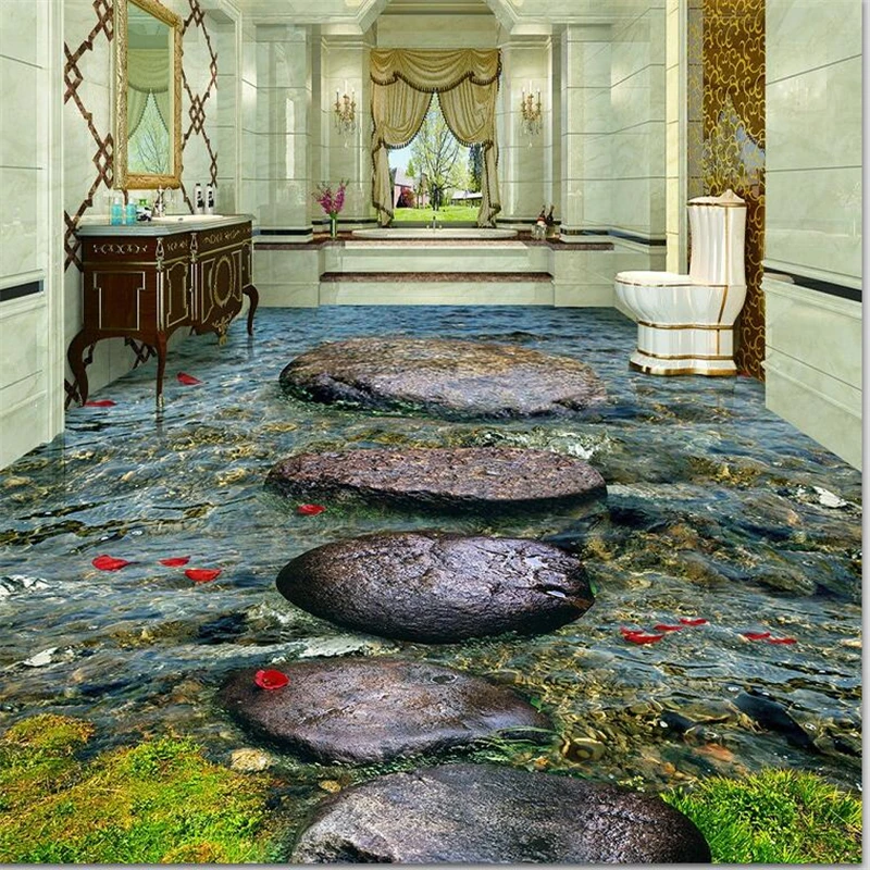 

beibehang Custom Floor Paintings Wallpaper Stone Stream River Bathroom 3D Self-adhesive floor tiles painting Papel de parede