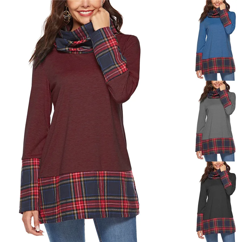 

Женская Повседневная облегающая футболка в клетку с длинным рукавом, большие размеры, весна 2019