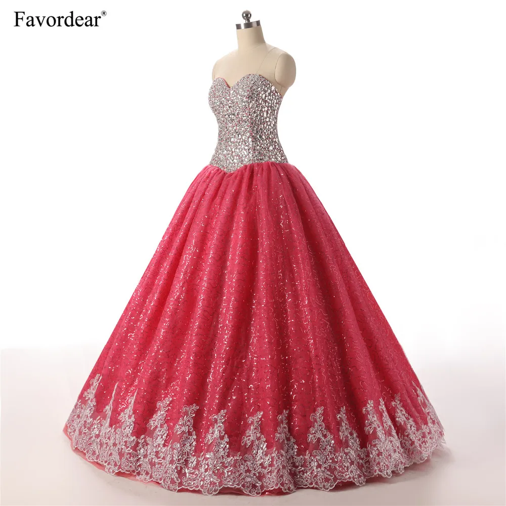 Favordear Stunning Huge Beaded Ball Gown Quinceanera Dresses With Jacket Coral Tulle Silver Crystals Lace Dress | Свадьбы и